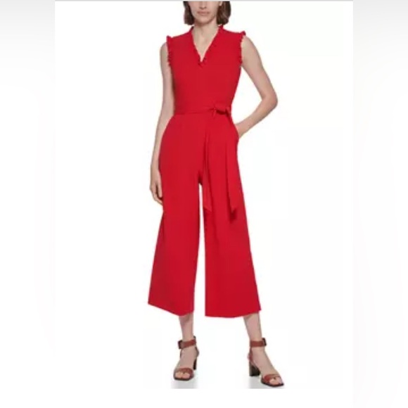 NWT CALVIN KLEIN Ruffle Shoulder V-neck Jumpsuit Size 8 - Picture 2 of 4